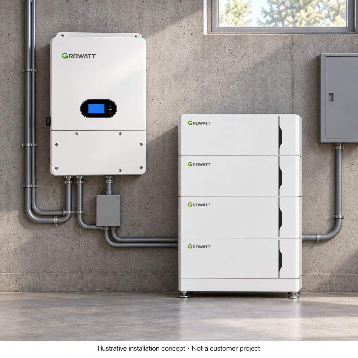 AI-generated illustrative installation concept, not a customer project: Growatt SPH inverter and one four-module ALP battery stack in a utility room