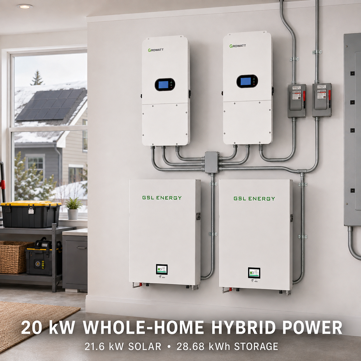Indoor Canadian home  installation with two Growatt hybrid inverters and two GSL wall batteries