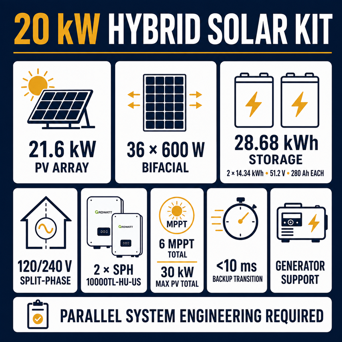 Growatt 20kW hybrid solar kit specifications with 21.6kW PV and 28.68kWh battery storage