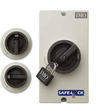 IMO enclosed DC solar disconnect switch with SAFE-LOCK handle; shown as a two-string example