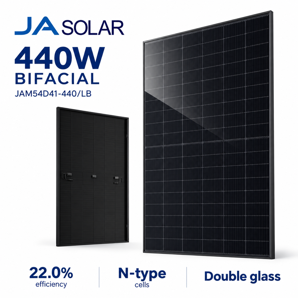 JA Solar JAM54D41-440/LB 440W bifacial panel front and rear product illustration; 22.0% efficiency, n-type cells and double glass