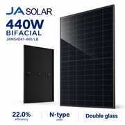 JA Solar JAM54D41-440/LB 440W bifacial panel front and rear product illustration; 22.0% efficiency, n-type cells and double glass