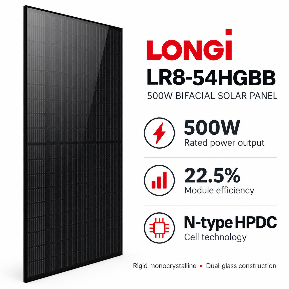 LONGi 500W rated power, 22.5 percent module efficiency and N-type HPDC cell technology