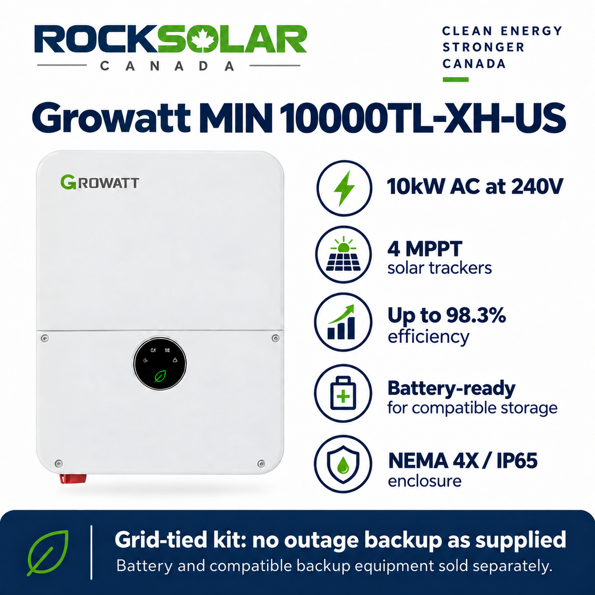 Growatt MIN 10000TL-XH-US inverter with 10kW output at 240V and four MPPT trackers