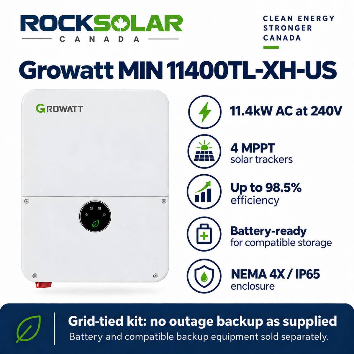 Growatt MIN 11400TL-XH-US inverter: 11.4kW at 240V, four MPPTs and battery-ready design