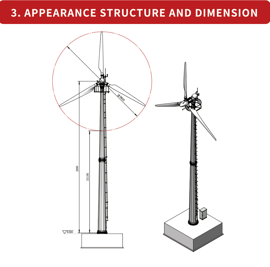 Supplier reference rotor and tower drawing for the 20kW wind turbine; final tower design is project-specific