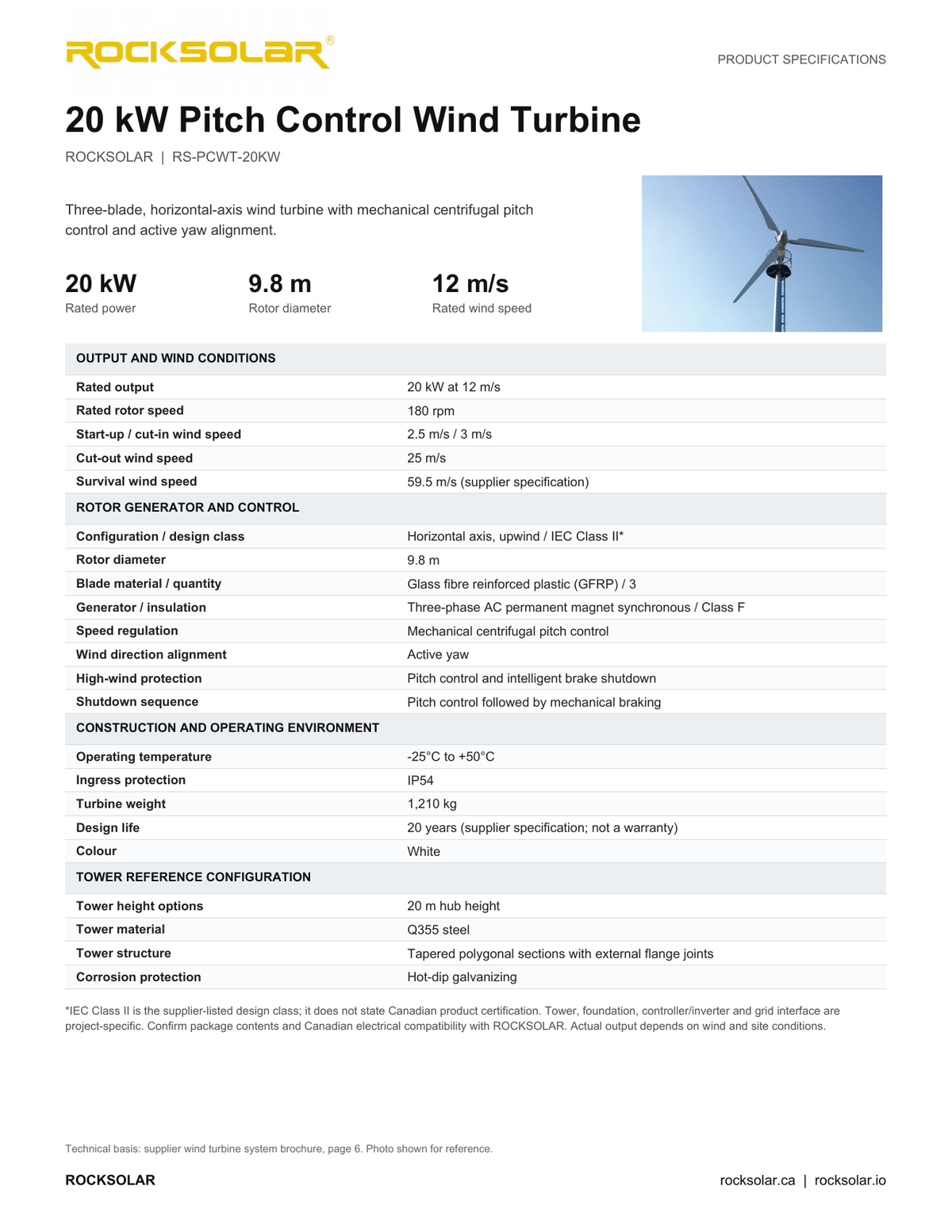 ROCKSOLAR 20kW wind turbine specification sheet, with rated output, rotor dimensions, operating limits and tower reference options