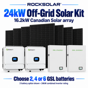 ROCKSOLAR 24kW off-grid solar kit with two Growatt inverters, 16.2kW Canadian Solar array and choice of 2, 4 or 6 GSL batteries; 2-battery example shown