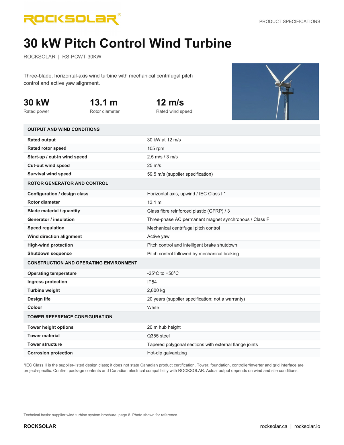 ROCKSOLAR 30kW wind turbine specification sheet, with rated output, rotor dimensions, operating limits and tower reference options