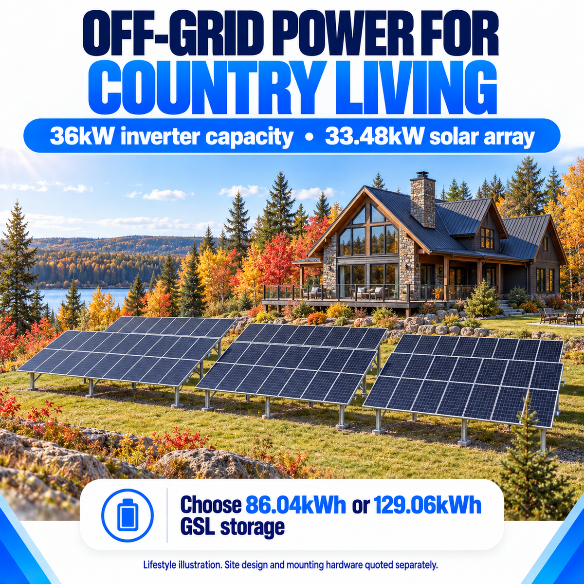 Illustrative Canadian country home with ground-mounted solar array; mounting hardware quoted separately.