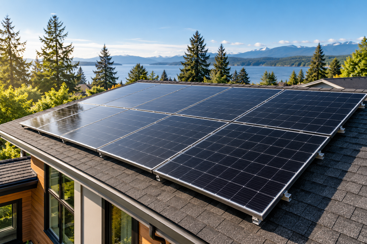 Solar panels on a Canadian home's roof beside a forest lake; illustrative collection image.
