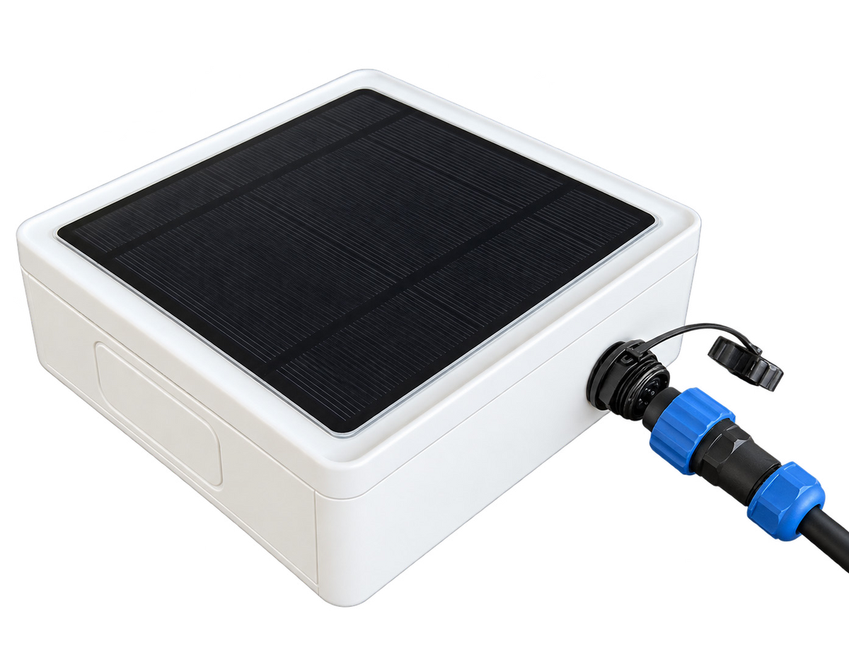 ROCKSOLAR Solar Pump Remote Gateway showing solar panel and sensor connection
