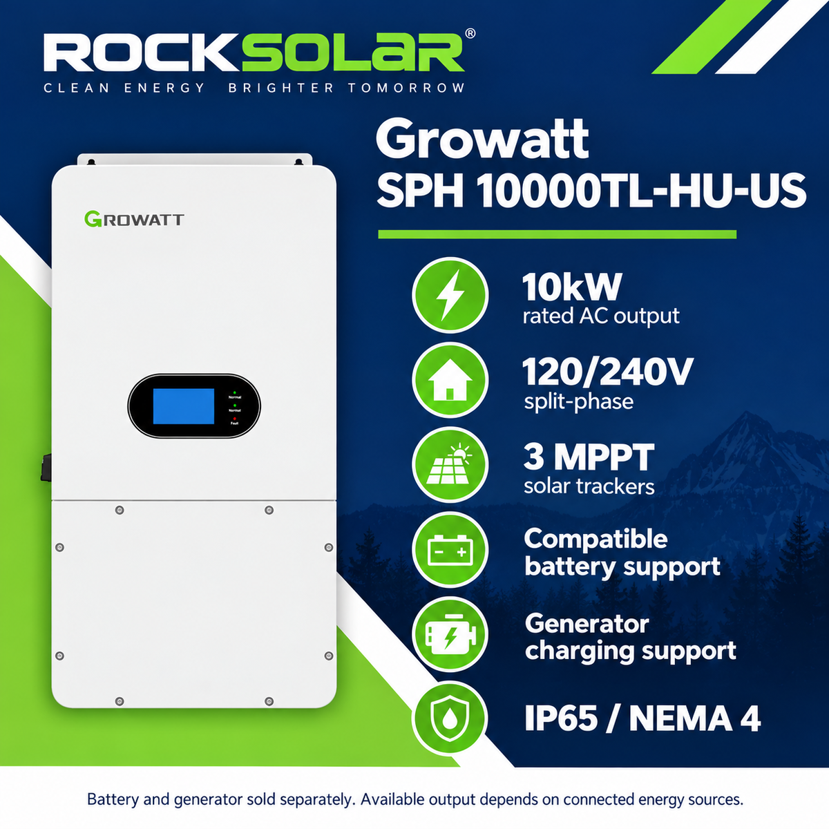 Growatt SPH 10000TL-HU-US hybrid inverter with 120/240V split-phase output, three MPPTs and generator charging support