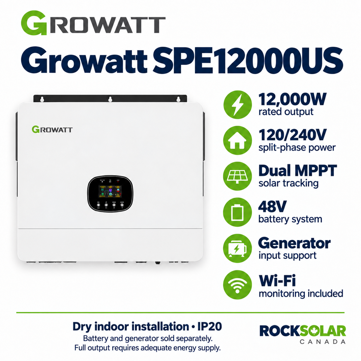 Growatt SPE12000US 12kW 120/240V split-phase inverter with dual MPPT and indoor IP20 installation