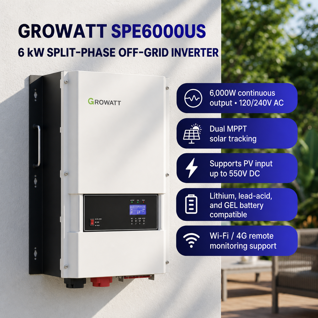 Growatt SPE6000US 6kW split-phase 120/240V off-grid solar inverter specifications