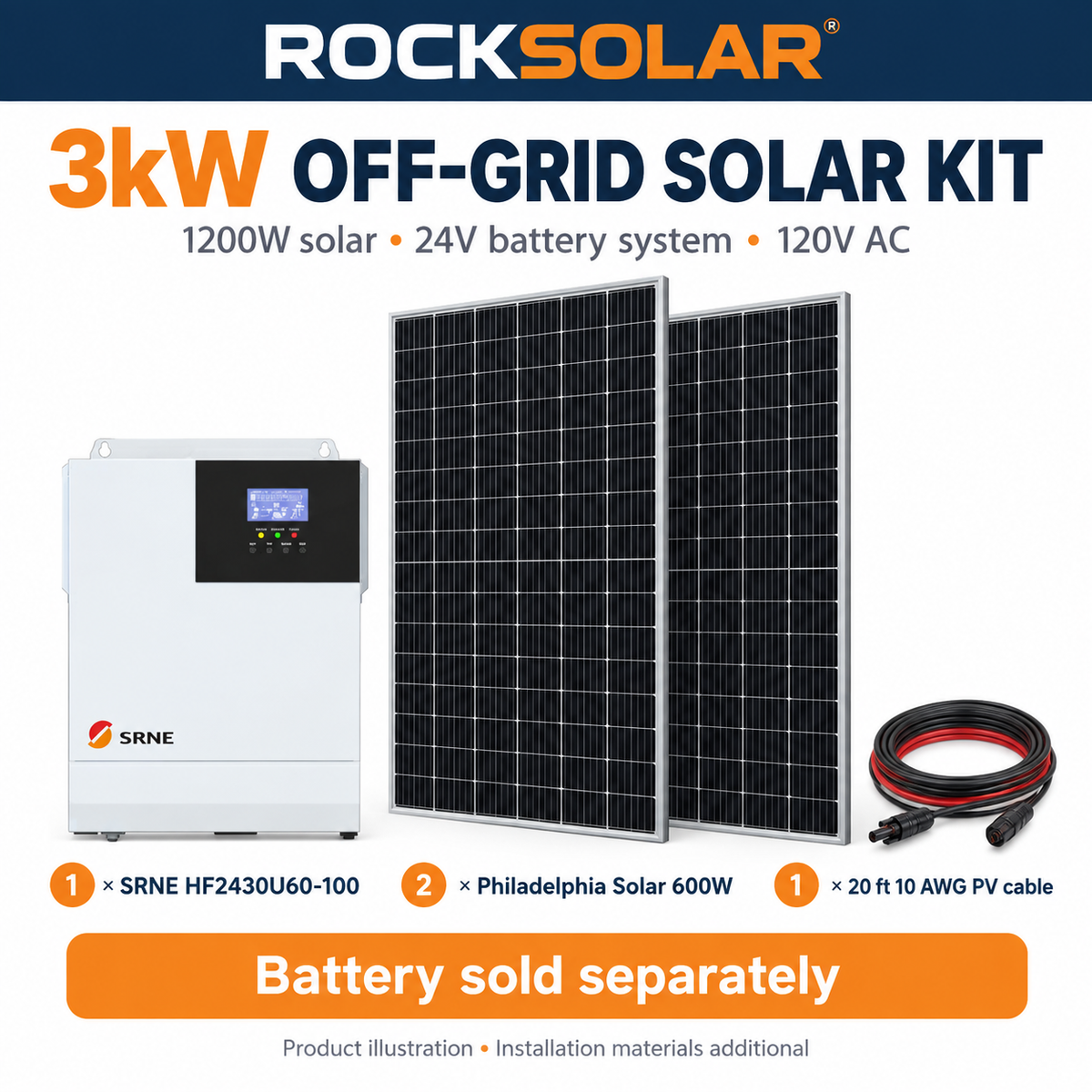 SRNE 3kW off-grid solar kit with two Philadelphia Solar 600W panels and 20-ft PV cable; 24V battery sold separately
