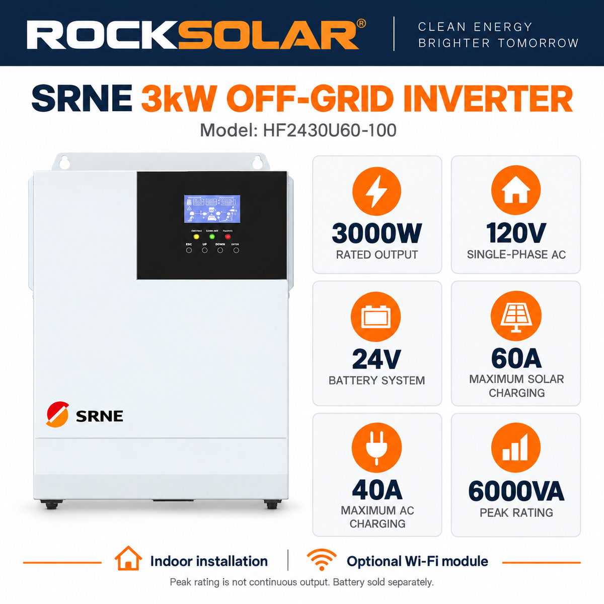 SRNE HF2430U60-100 specifications: 3000W 120V output, 24V battery system, 60A solar charging and 40A AC charging
