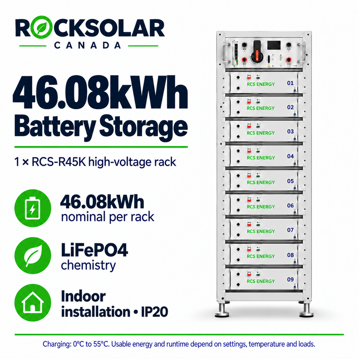 Single RCS-R45K indoor LiFePO4 battery rack with nine modules and 46.08kWh nominal storage