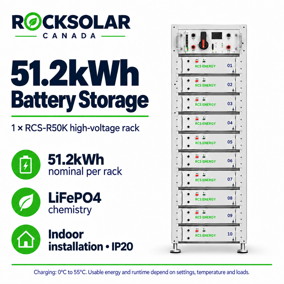 Single RCS-R50K indoor LiFePO4 battery rack with 51.2kWh nominal storage and ten battery modules