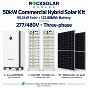 50kW Growatt commercial hybrid solar kit with 99.2kW Canadian Solar array and two RCS-R60K battery racks providing 122.88kWh nominal storage