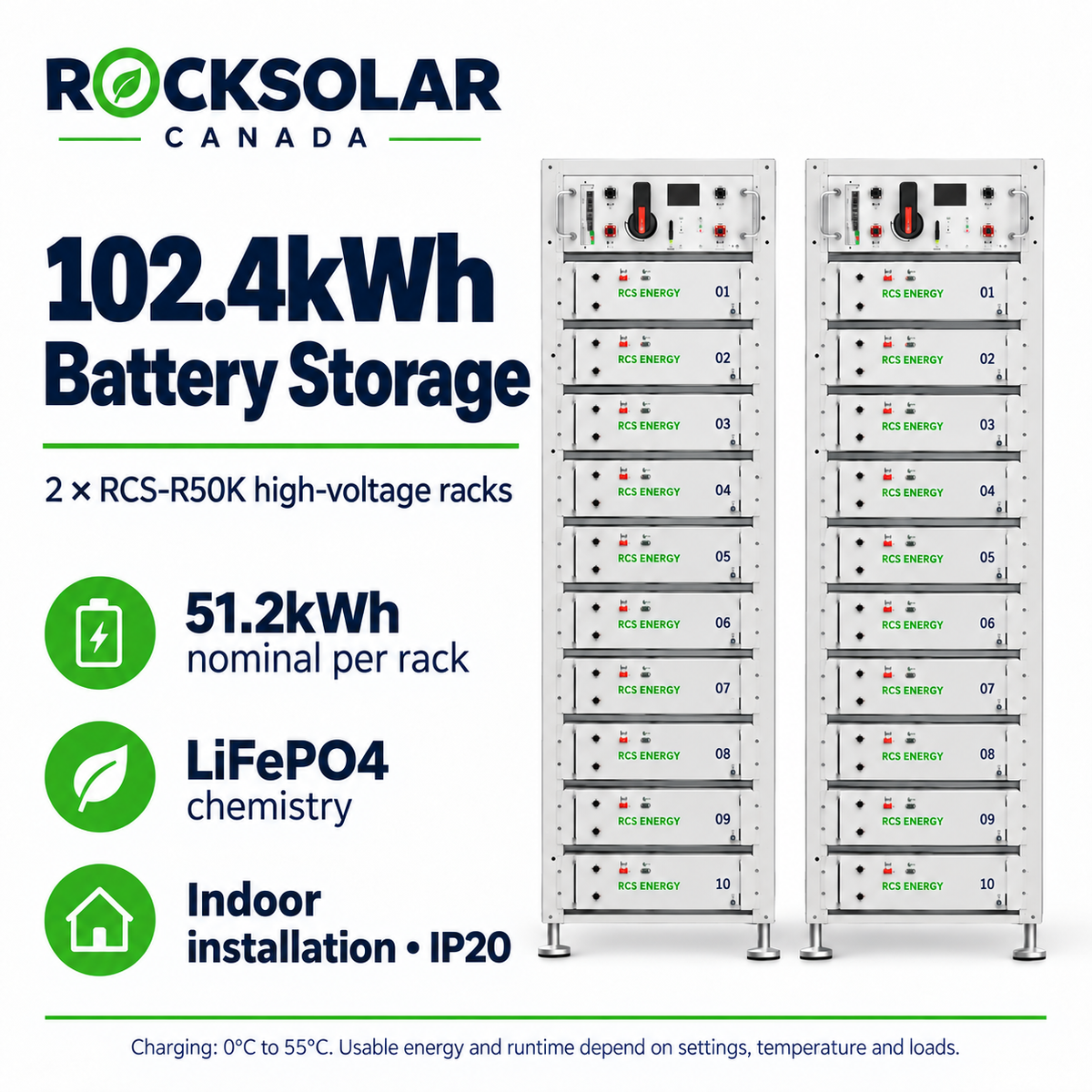 Two RCS-R50K indoor LiFePO4 battery racks, 51.2kWh each and 102.4kWh nominal total