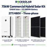 75kW Growatt commercial hybrid solar kit with 124kW Canadian Solar array and two RCS-R60K battery racks providing 122.88kWh nominal storage